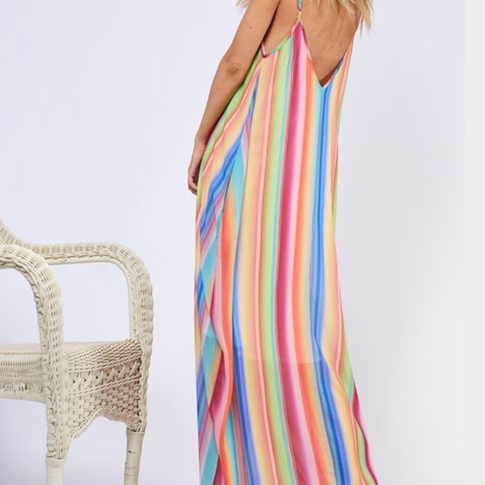 Rainbow Stripe Maxi dress w/pockets - Picture 2 of 7